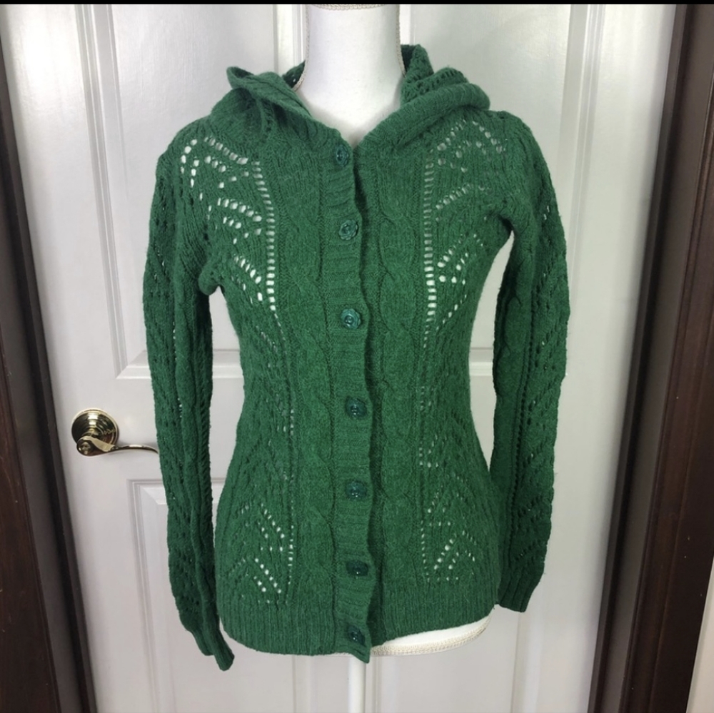 Moth Wool Blend Button Front Hooded Sweater Green